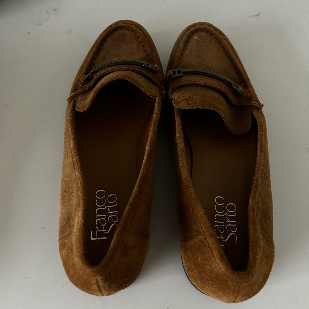 Franco Sarto Suede Caramel Brown Loafer women with silver buckle